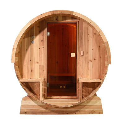ALEKO Outdoor Rustic Cedar 6 Person Barrel Steam Sauna With Heater -Front Porch Canopy - SB6CED-AP - Purely Relaxation